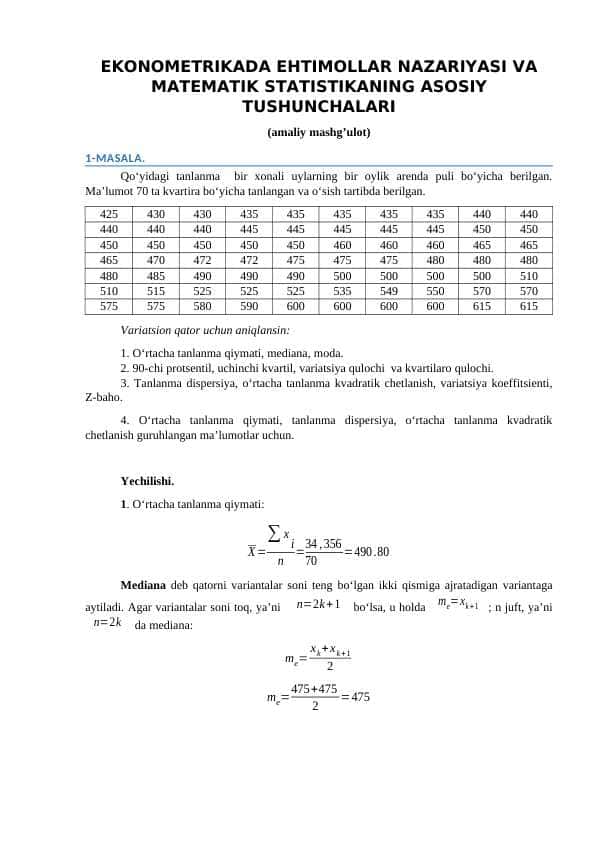 EKONOMETRIKADA EHTIMOLLAR NAZARIYASI VA MATEMATIK STATISTIKANING ASOSIY TUSHUNCHALARI (amaliy mashg’ulot)