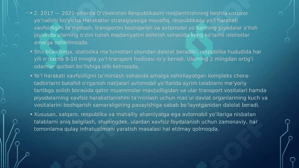 O‘zbekiston Respublikasida yo‘l harakati xavfsizligini ta’minlash KONSEPSIYASI 4