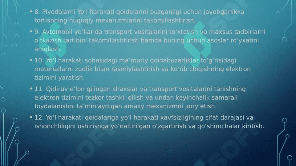 O‘zbekiston Respublikasida yo‘l harakati xavfsizligini ta’minlash KONSEPSIYASI 7