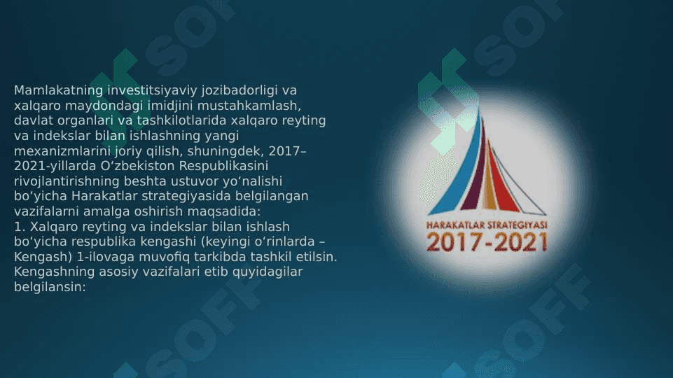 Yangi O’zbekiston ijtimoiy-siyosiy, iqtisodiy va madaniy hayotida ro’y berayotgan o’zgarishlarning xalqaro reyting va indekslarda aks etishi. 8