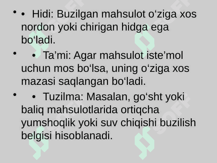 Tez buziluvchi ovqat mahsulotlarining to’la sifatliligini baholash 6