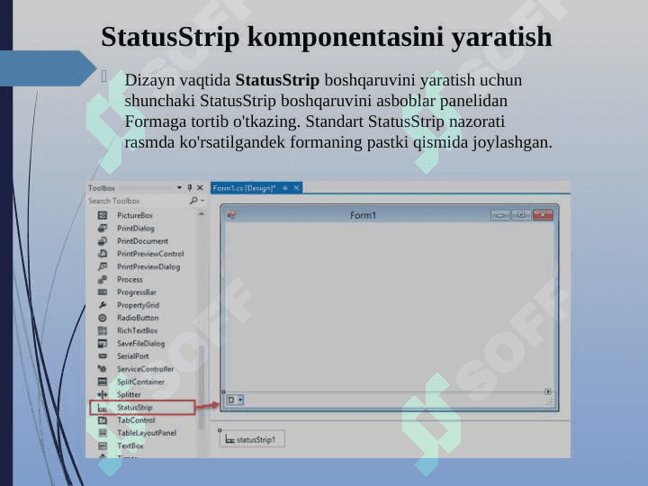 С# dasturlash tilida Status Strip komponentasi yordamida dasturlar yaratish 3
