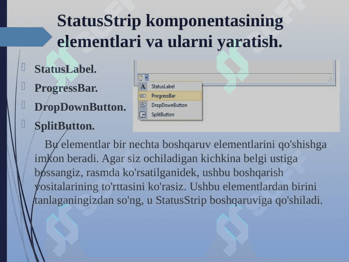 С# dasturlash tilida Status Strip komponentasi yordamida dasturlar yaratish 4
