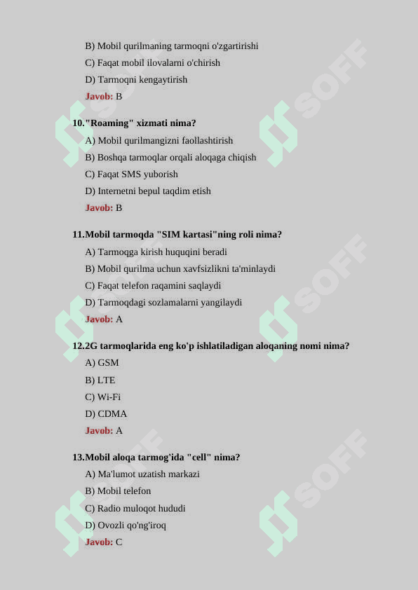 Mobil aloqa tarmoqlari boʻyicha 30 ta test savollari  javoblari bilan 3