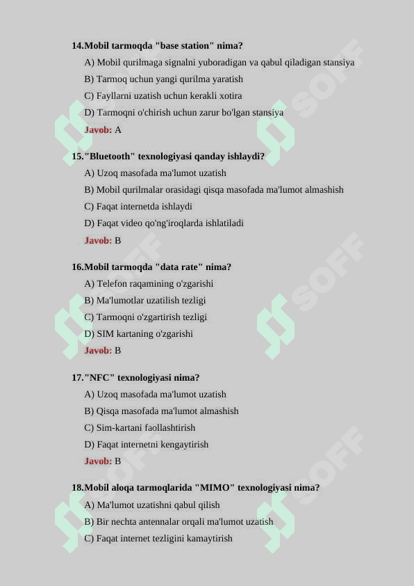 Mobil aloqa tarmoqlari boʻyicha 30 ta test savollari  javoblari bilan 4