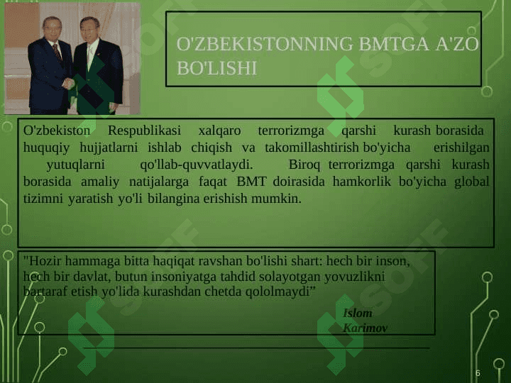 Oʻzbekistonning  xalqaro tashkilotlar bilan hamkorlik aloqalari 6
