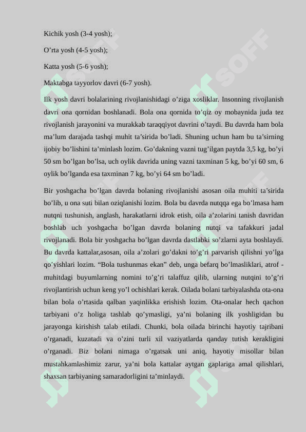 Maktabgacha ta’lim davrida yosh davrlarining o’ziga xos xususiyatlari konspekt 2