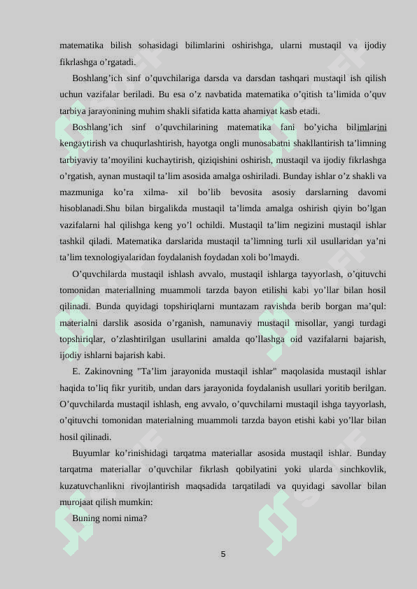 4-sinfda mustaqil ishlarni tashkil etish metodlari 5