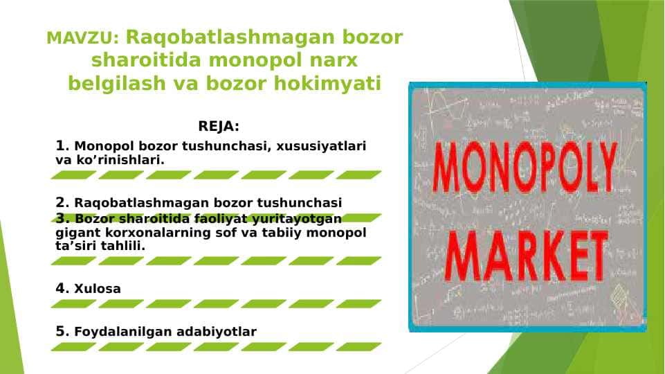 MAVZU: Raqobatlashmagan bozor sharoitida monopol narx belgilash va bozor hokimyati
