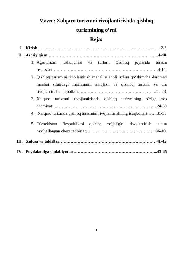 Xalqaro turizmni rivojlantirishda qishloq turizmining o’rni