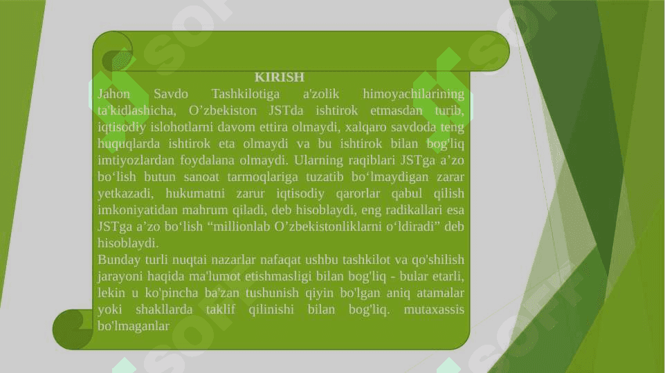 O'zbekiston Respublikasining butun jahon savdo tashkilotiga a'zo bo'lib kirish masalalari. 3