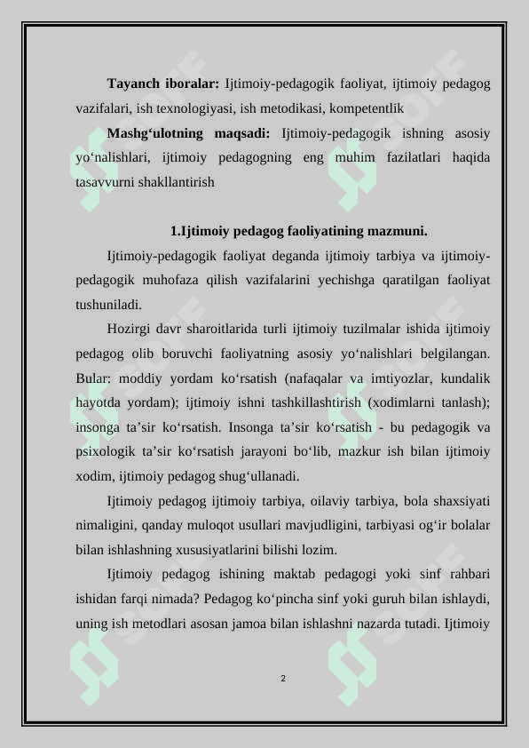 IJTIMOIY PEDAGOG FAOLIYATINING ASOSIY YO'NALISHLARI 2