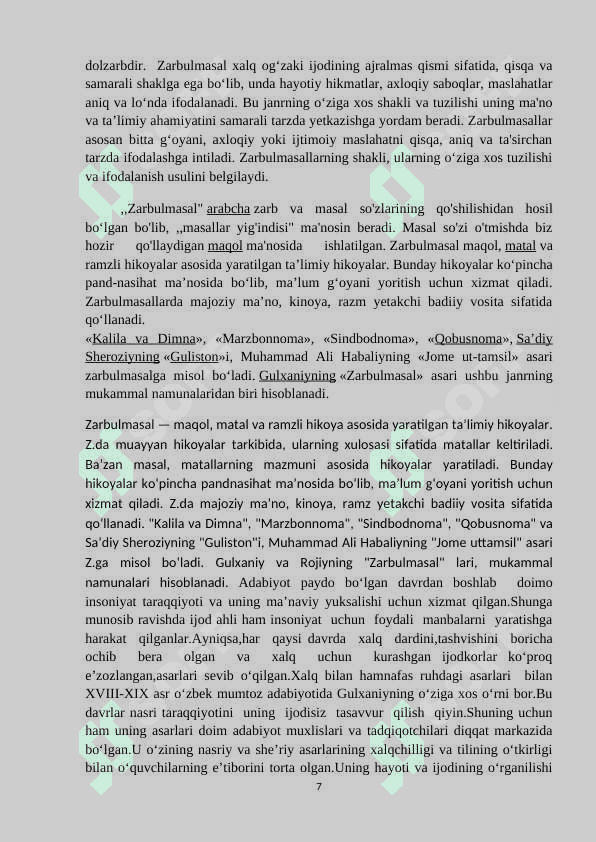 Gulxaniyning “Zarbulmasal”ida timsol yaratish mahorati. 7