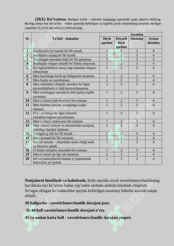 XAVOTIRLANISH DARAJASINI ANIQLASH METODIKASI 2