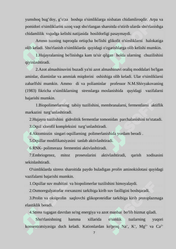 O`simliklarning sho`rlanishiga chidamliligi 7