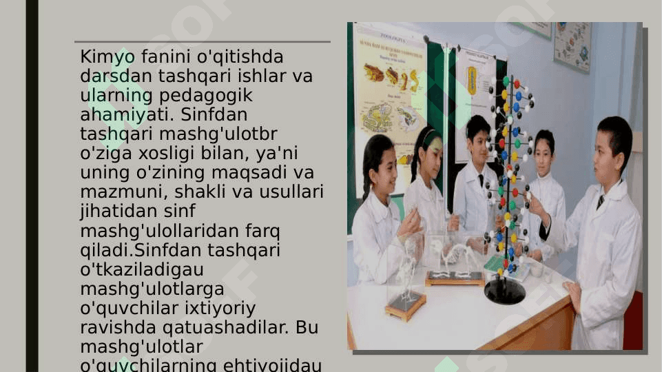 Kimyodan sinfdan tashqari ishlar. Sinfdan tashqari ishlarning ta'lim va tarbiyaviy ahamiyati 2