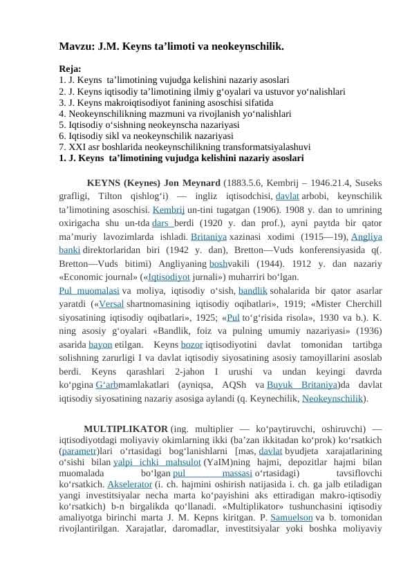 J.M. Keyns ta’limoti va neokeynschilik