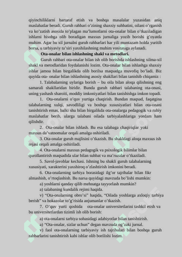 Guruh rahbarining ota onalar bilan olib boradigan ish shakllari 4