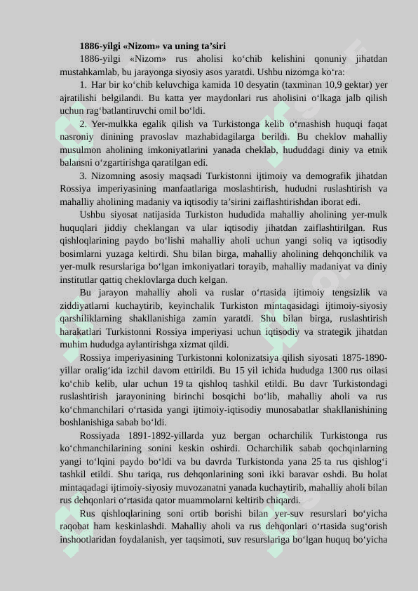 Chor Rossiyasi hukmronligi davrida O‘rta Osiyoda yerga egalik munosabatlari 7
