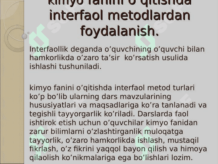 “9– SINFDA “ METALLAR ” BOBINI O`QITISH METODIKASI” MAVZUSIDAGI 5