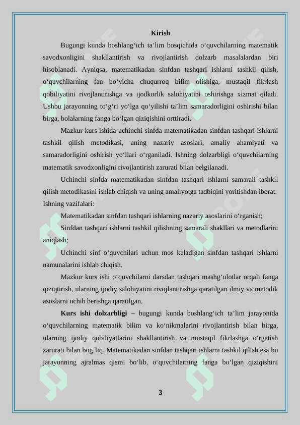 “Uchinchi sinfda matematikadan sinfdan tashqari ishlarni tashkil qilish metodikasi. 2