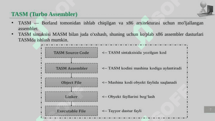 Assembler tilida dasturlash asoslari. Assembler dasturlash tili va uning imkoniyatlari, assembler tili operatorlari va ularni kodlash. 7