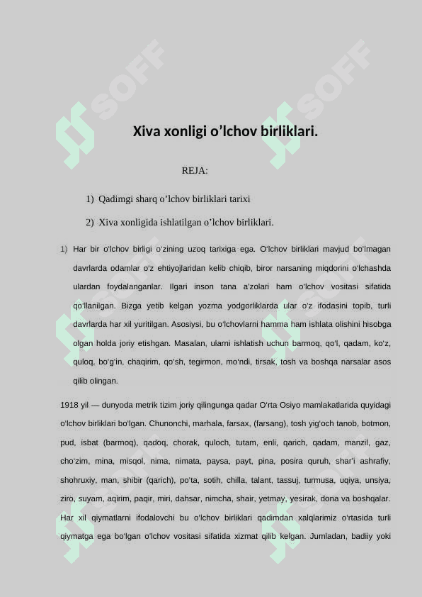 Xiva xonligi o’lchov birliklari. 2