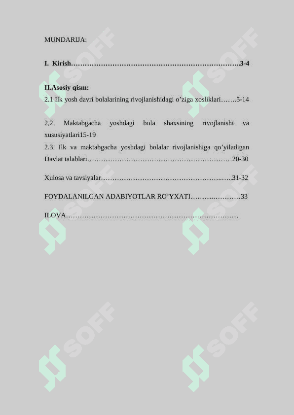 ILK YOSHDAGI BOLALARNI TARBIYALASHNING O'ZIGA XOSLIGI KURS ISHI. 2