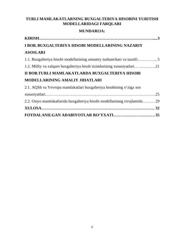 TURLI MAMLAKATLARNING BUXGALTERIYA HISOBINI YURITISH MODELLARIDAGI FARQLARI