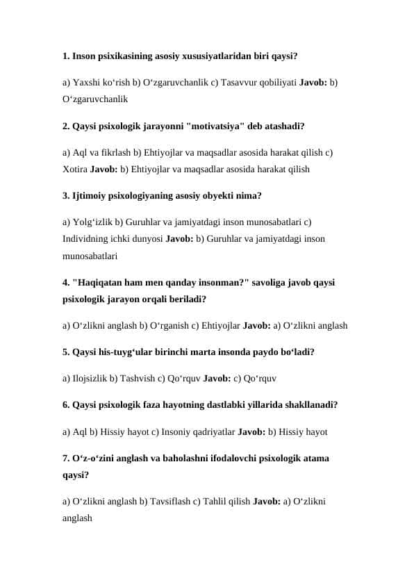 Psixologiya fanidan test 50 ta. Javoblari bilan.