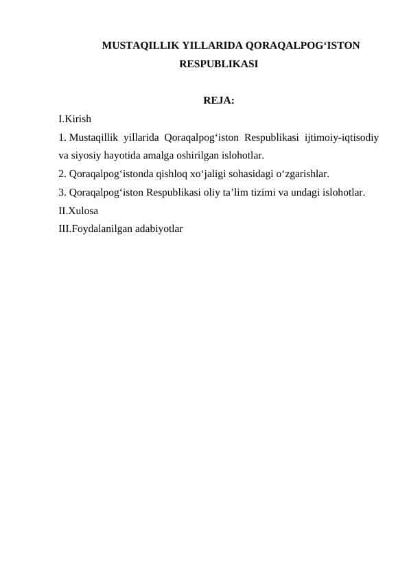 MUSTAQILLIK YILLARIDA QORAQALPOG‘ISTON RESPUBLIKASI