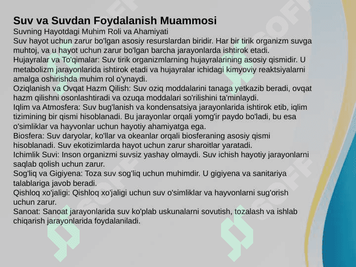 Suv va suvdan foydalanish muammosi slayd 4