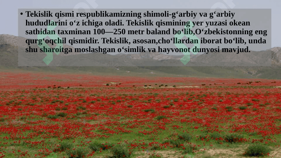 TABIAT KOMPLEKSLARI TAVSIFI. O‘ZBEKISTONNING TABIIY GEOGRAFIK OKRUGLARI 8