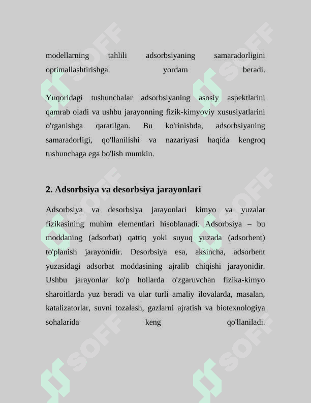 ADSORBSIYA. ADDRSORBSIYA USULIDA MODDALARNING ADSORBENT SIRTIDA YUTILISH DARAJALARINI OʻRGANISH. KIMYOVIY REAKSIYALARNING TEZLIGIGA TAʼSIR ETUVCHI OMILLAR 6