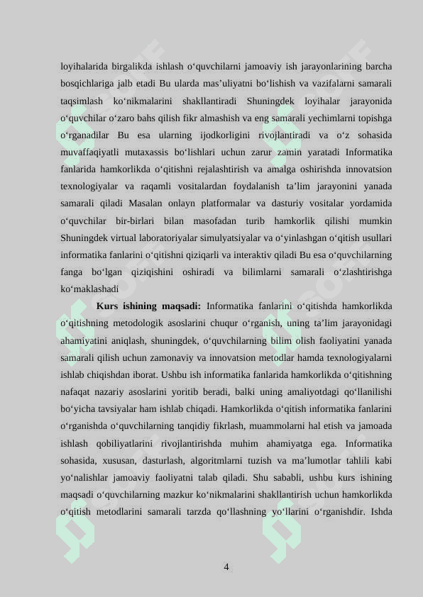 INFARMATIKA FANLARINI OQITISHDA HAMKORLIKDA OQITISHNI REJALASHTIRISH 4