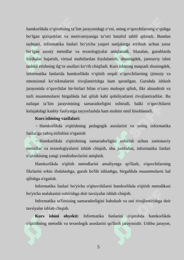 INFARMATIKA FANLARINI OQITISHDA HAMKORLIKDA OQITISHNI REJALASHTIRISH 5
