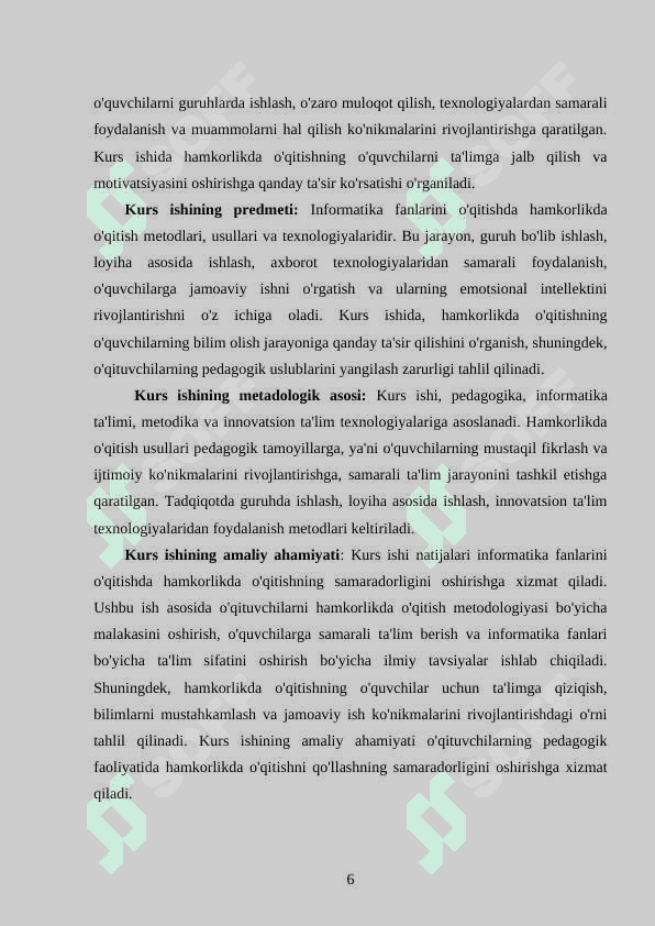 INFARMATIKA FANLARINI OQITISHDA HAMKORLIKDA OQITISHNI REJALASHTIRISH 6