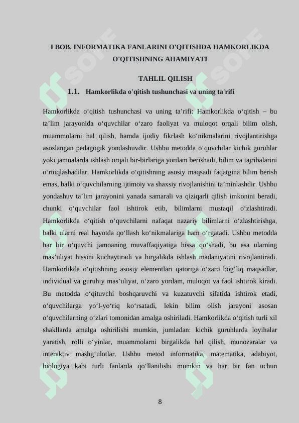 INFARMATIKA FANLARINI OQITISHDA HAMKORLIKDA OQITISHNI REJALASHTIRISH 8