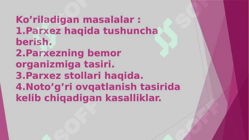 Parxez tushunchasi.Parxez stollar.Bemorlarni ovqatlantirish usullari 2