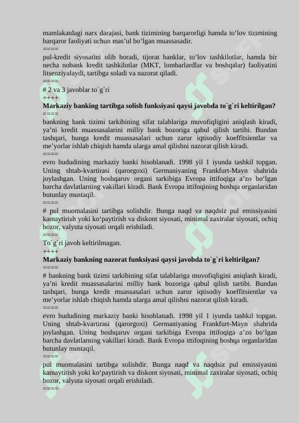Bank ishi test javoblari bilan 2