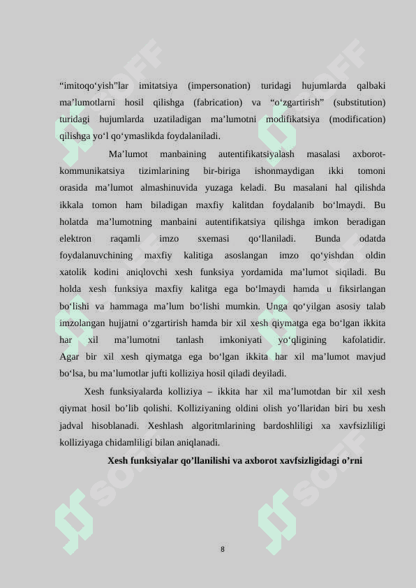 Xesh funksiyalar va ulardan axborot xavfsizligini ta’minlashda foydalanish 8