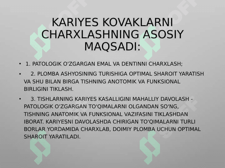BLEK BO`YICHA 1 SINFLI KARIOZ KOVAKLARNI RESTAVRATSIYA QILISH 2