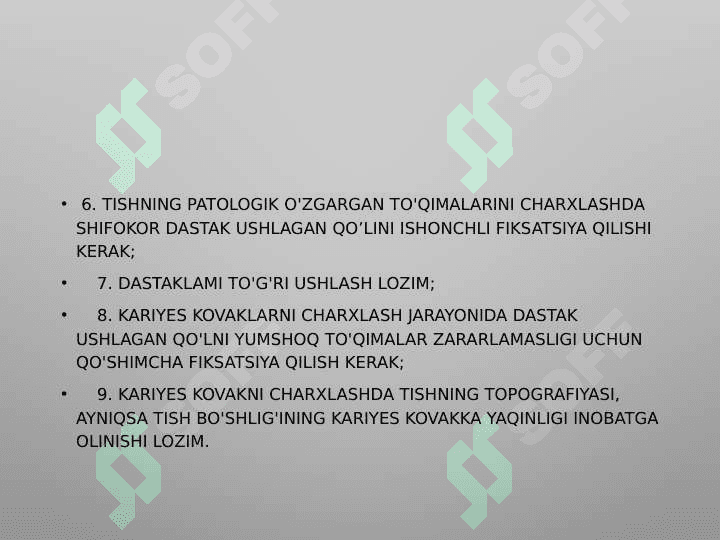 BLEK BO`YICHA 1 SINFLI KARIOZ KOVAKLARNI RESTAVRATSIYA QILISH 4