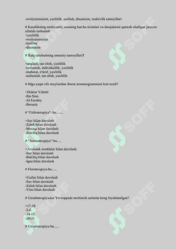 Xalq tabobati fanidan testlar javoblari bilan 6