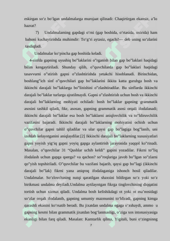 4-SINFDA UNDALMALI GAPLARNI  O‘RGANISH USLUBIYOTI 7