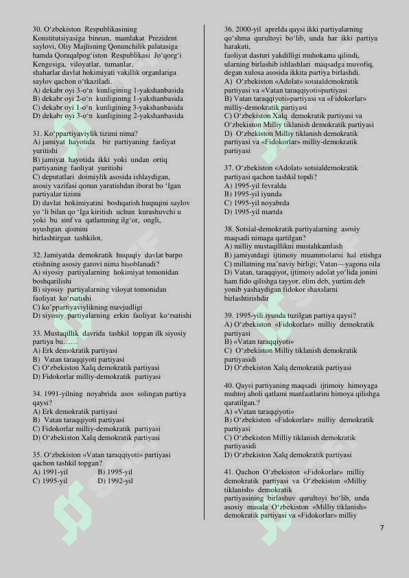 11-sinf òzbekiston tarixi mavzulashtirilgan test 7