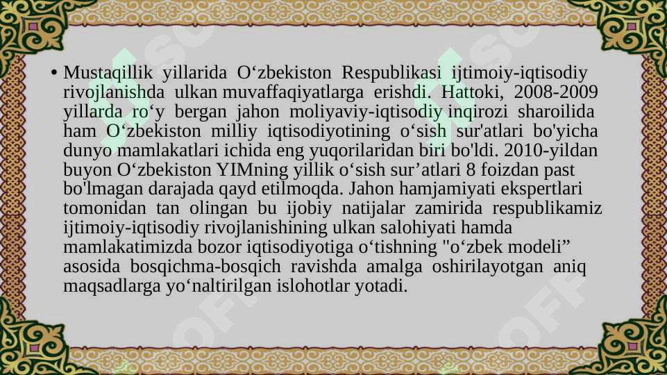 O‘zbekistonning ijtimoiy-iqtisodiy rivojlanishi 2