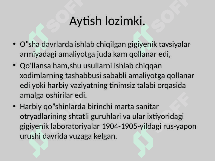 Statsionar va Dala sharoitida qo`shinlarni joylashtirishning sanitar nazorati 8