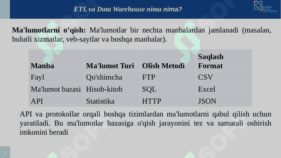 Bigdatada ETL jarayonlari. ETL arxitekturasi. Data WareHouse tamoyillari. 3