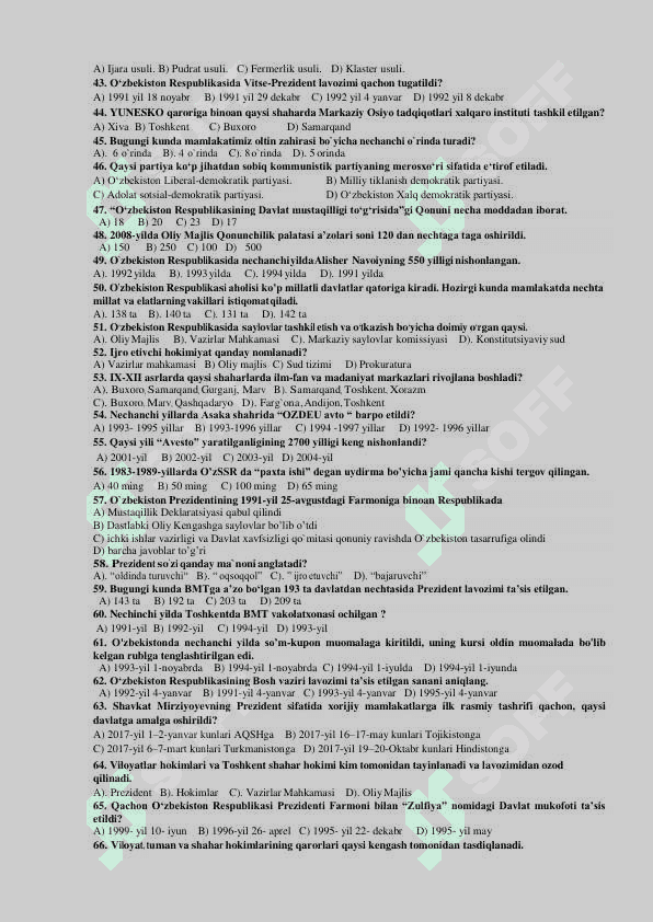 O’ZBEKISTONNING ENG YANGI TARIXI FANIDAN TESTLAR TO’PLAMI 3